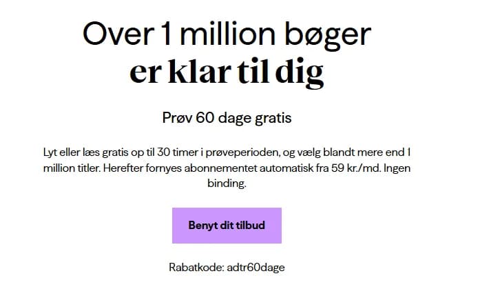 Skærmbillede af BookBeats tilbudsside: Prøv 60 dage gratis og lyt eller læs op til 30 timer i prøveperioden